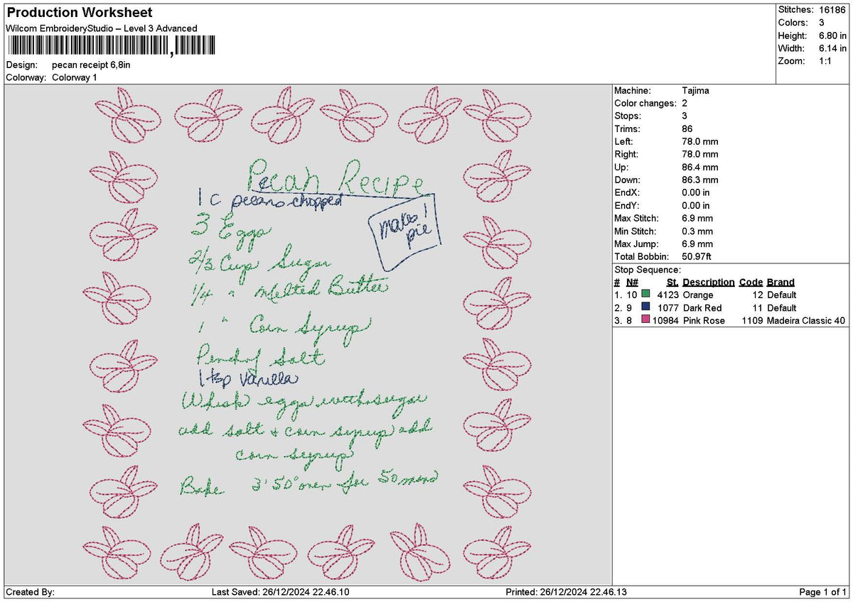 Pecan Receipt Embroidery File 6 sizes