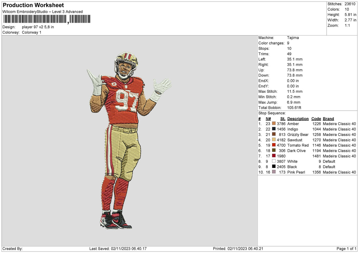 Player 97 V2 Embroidery File 6 sizes