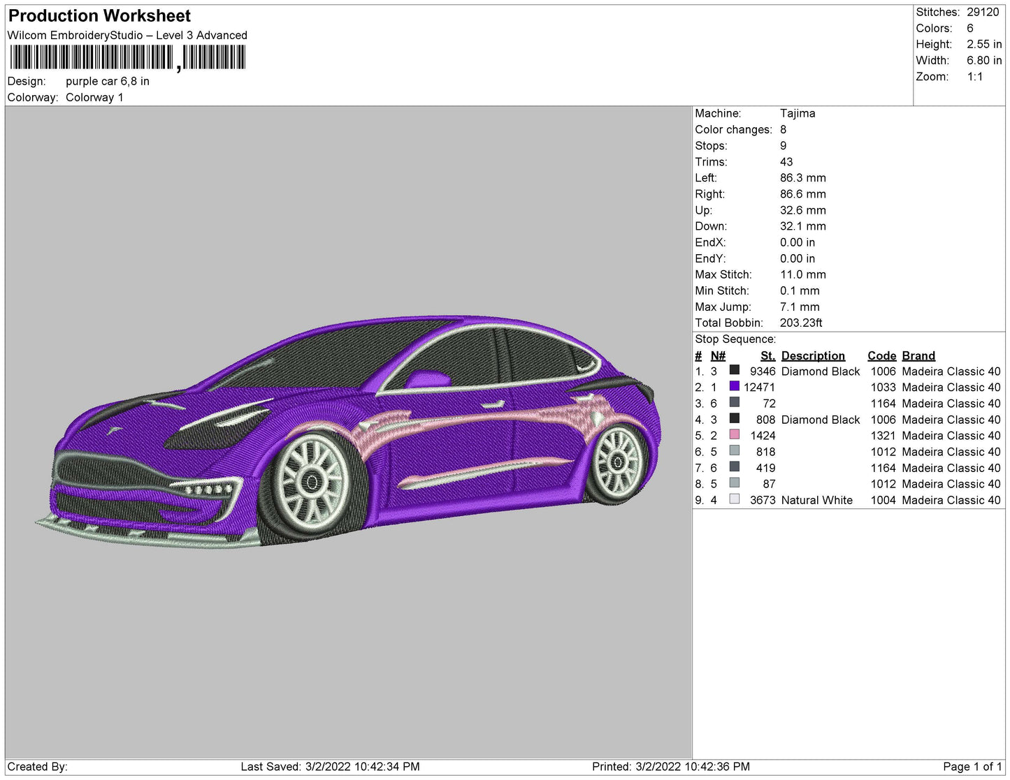 Purple Car Embroidery