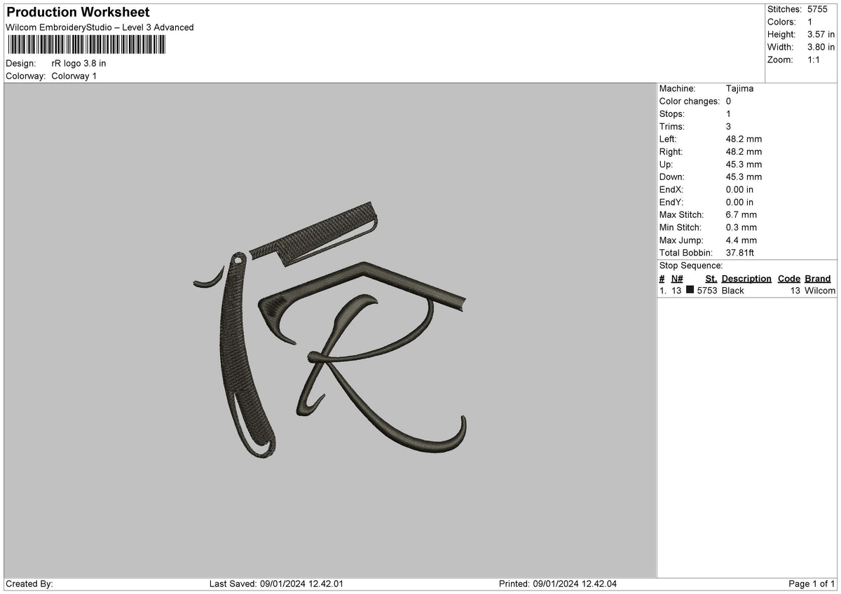 R Logo Embroidery File 6 sizes
