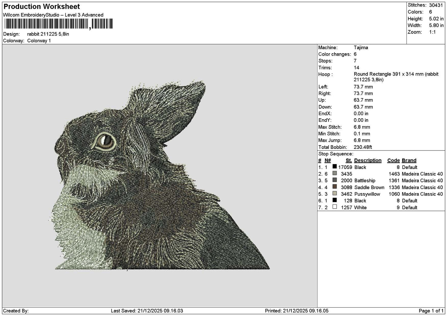 Rabbit 2112 Embroidery FIle 6 sizes
