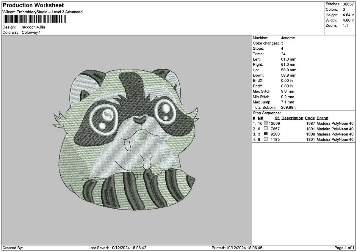 Racoon 04 Embroidery File 6 sizes