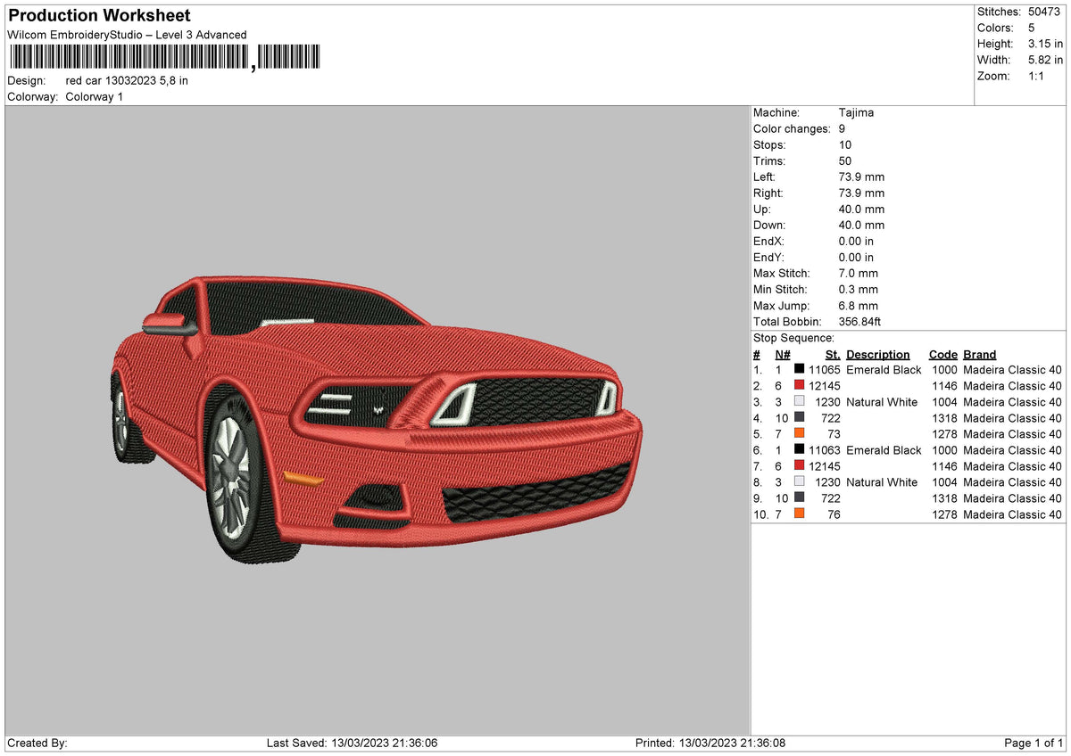 Red Car 1303 Embroidery File 6 sizes