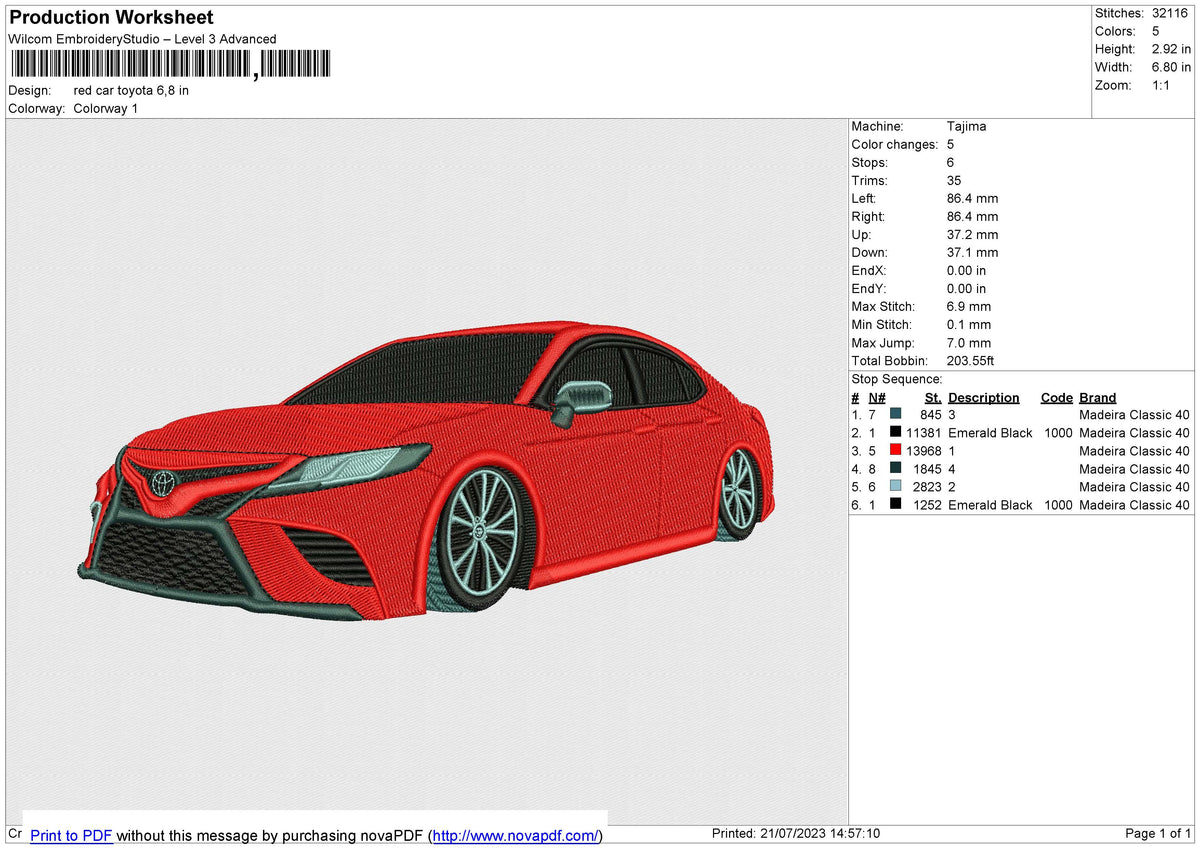 red car toyota Embroidery File 6 size