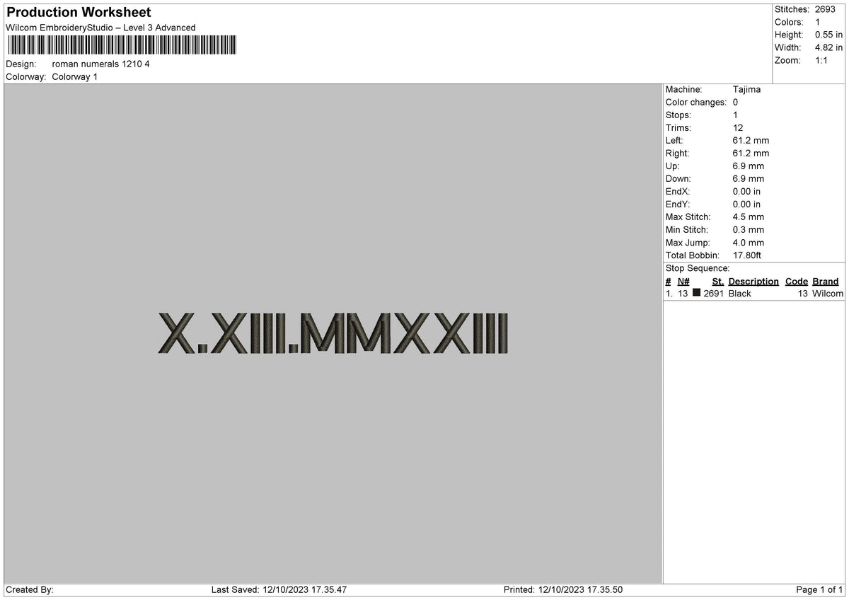 Roman Numerals 1210 Embroidery File 6 sizes
