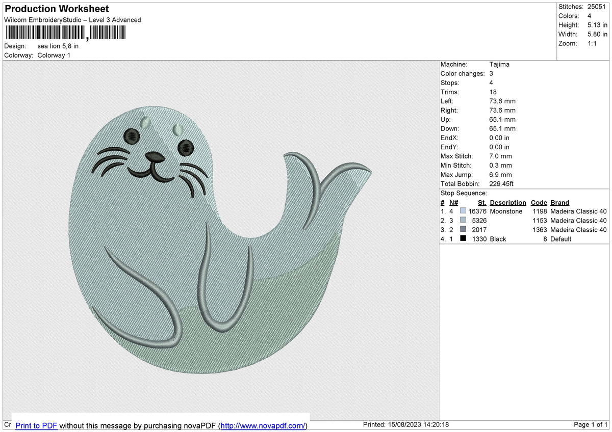 Sea Lion Embroidery File 6 size