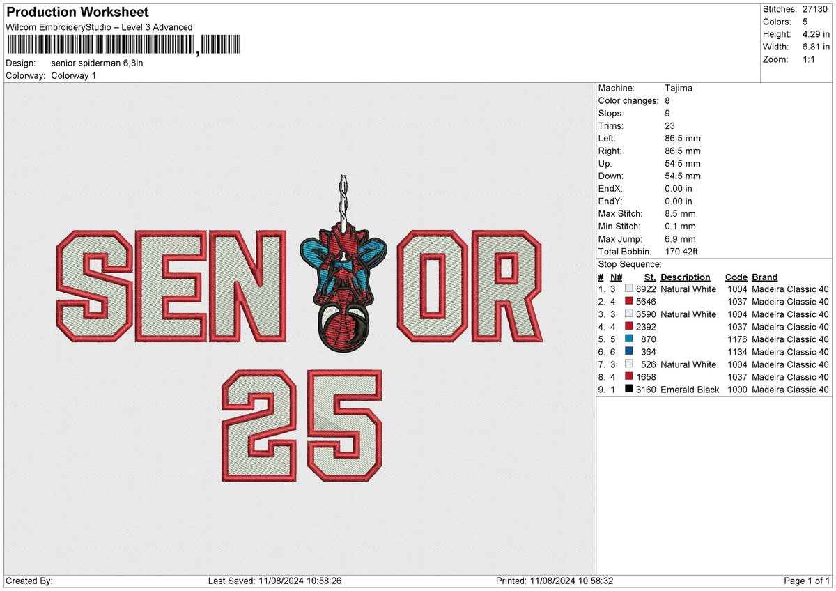 Senior Spiderman Embroidery File 6 size