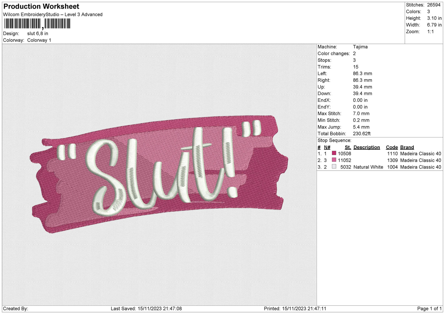 SLUT Embroidery File 6 size