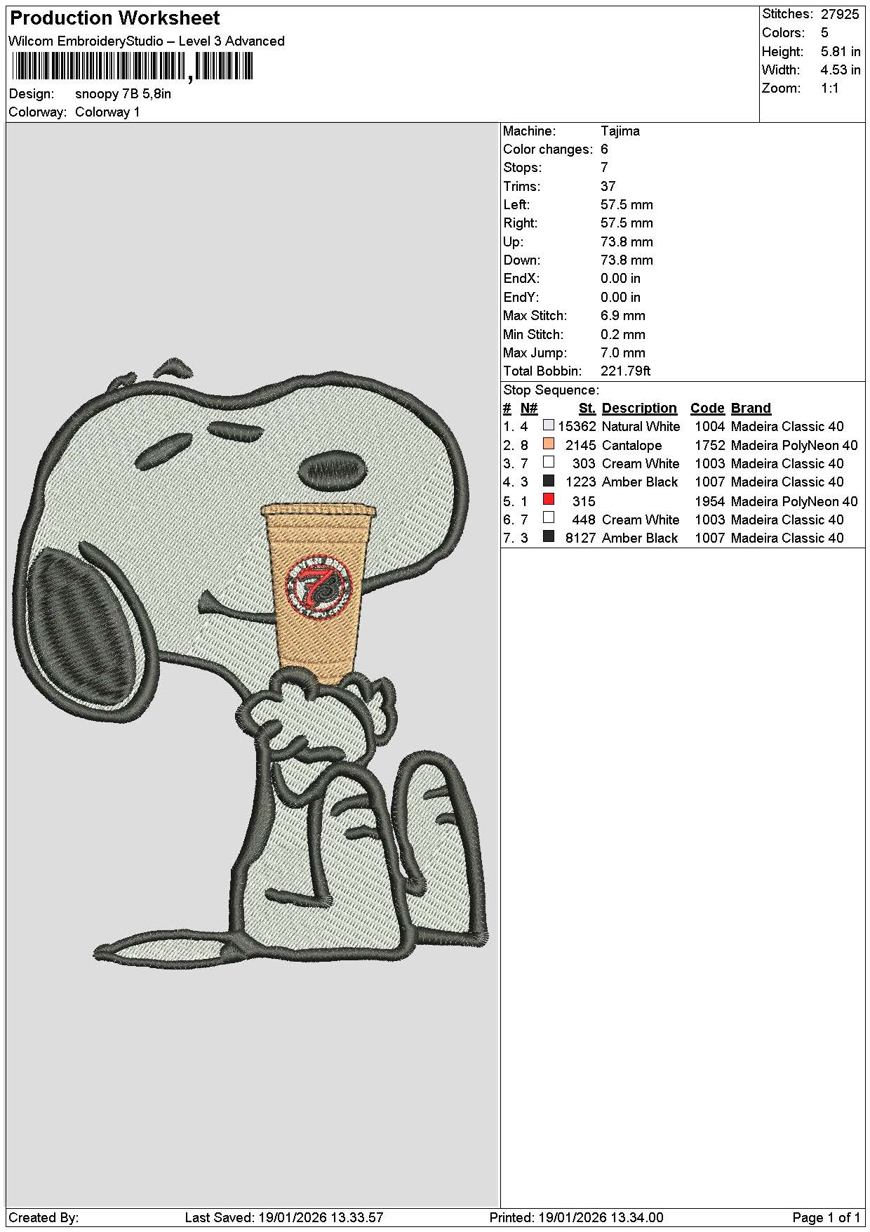 Snoopy Coffee 1901 Embroidery File 6 sizes