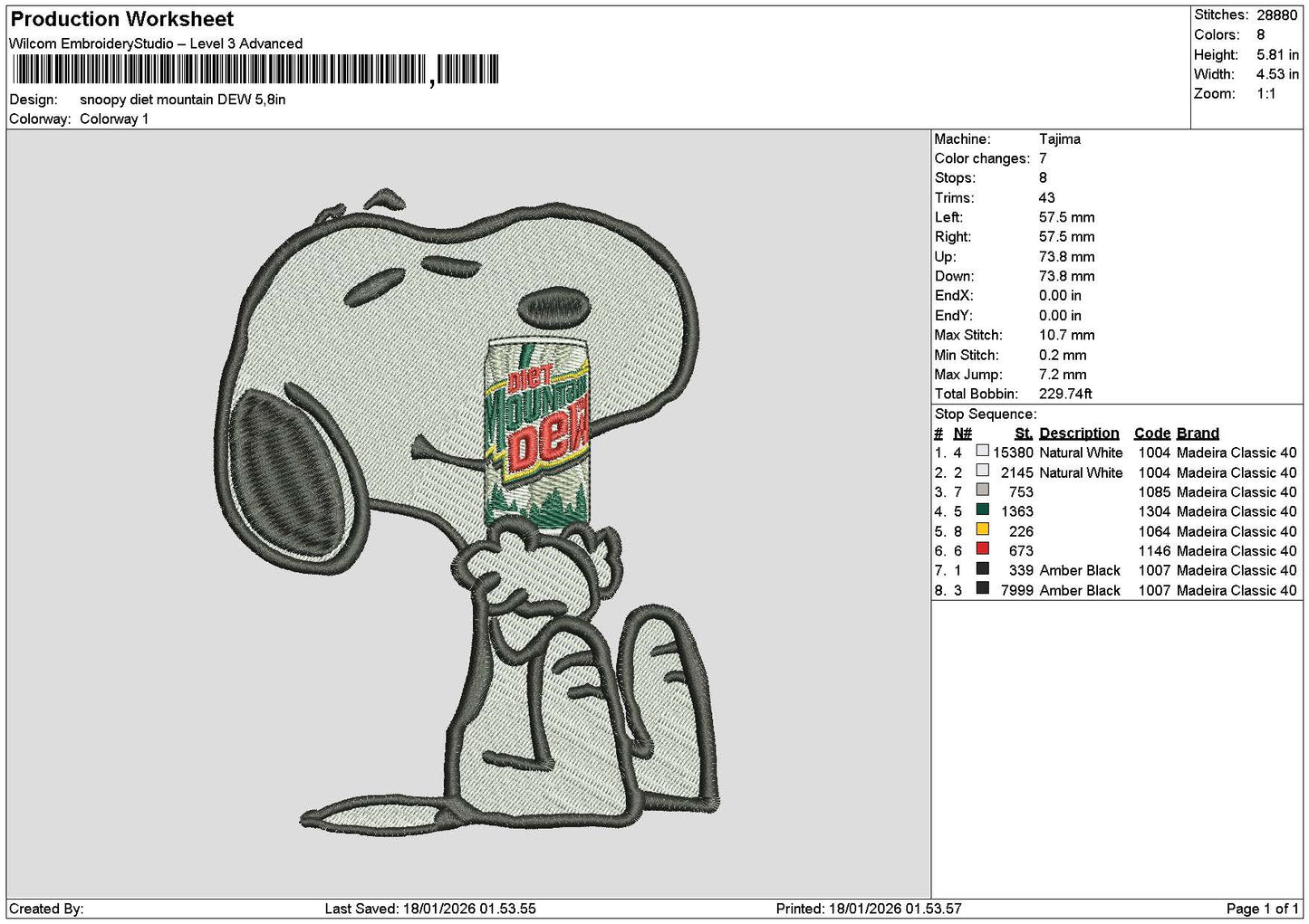 Snoopy Dietdew Embroidery File 6 sizes