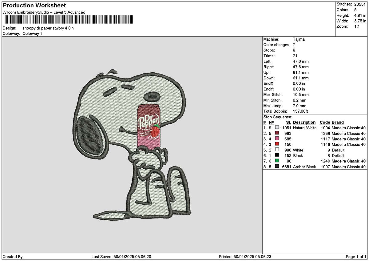 Snoopy Strawberry Drink Embroidery File 6 sizes