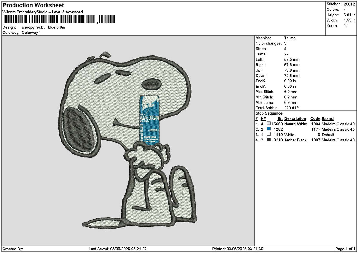 Snoopy Redbull Blue Embroidery File 6 sizes