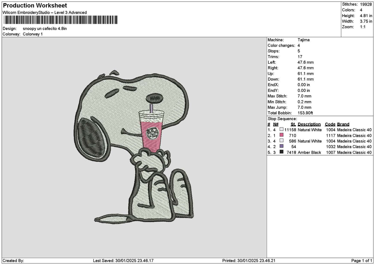 Snoopy Cafecito Embroidery File 6 sizes
