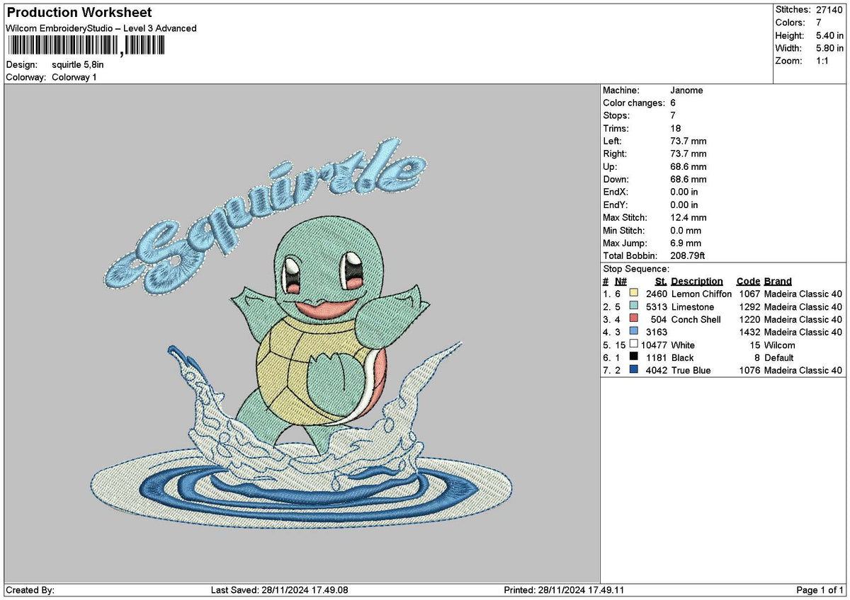 Squirtle01 Embroidery File 6 sizes