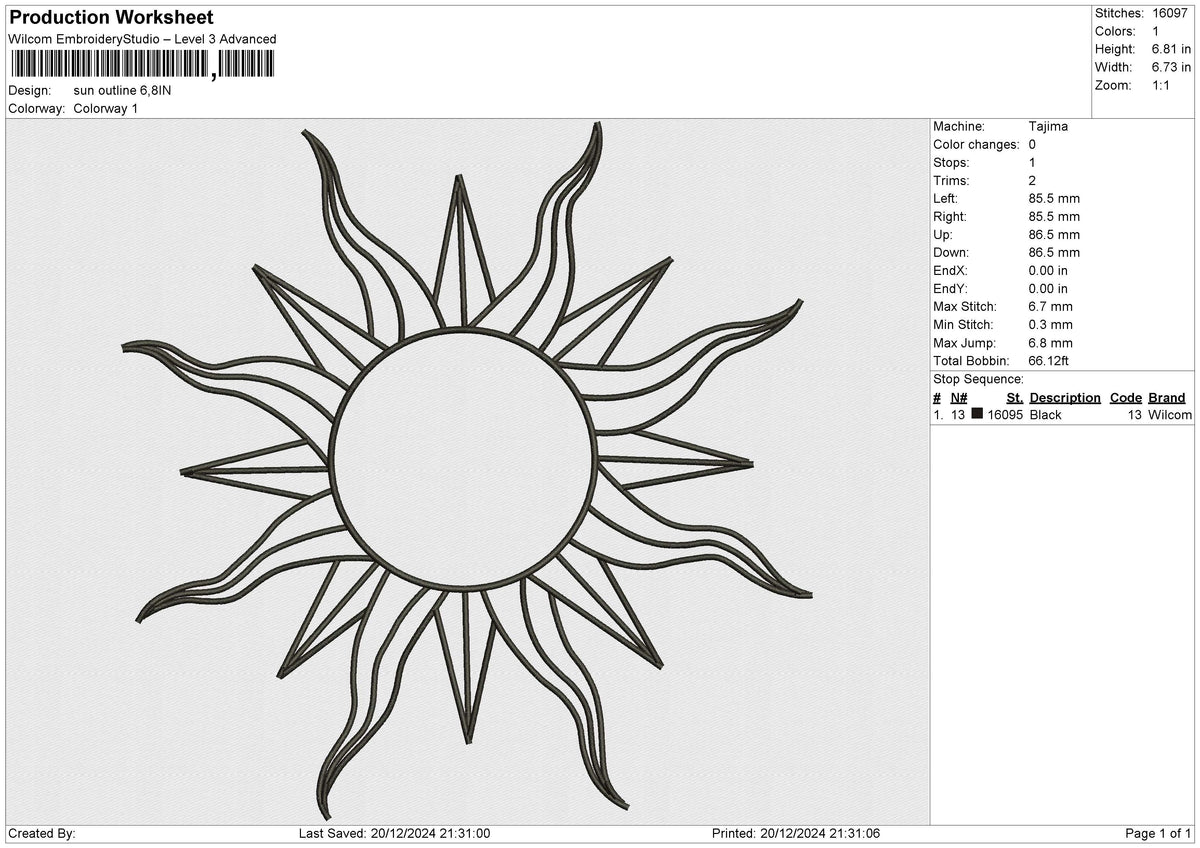 Sun Outline Embroidery File 6 size
