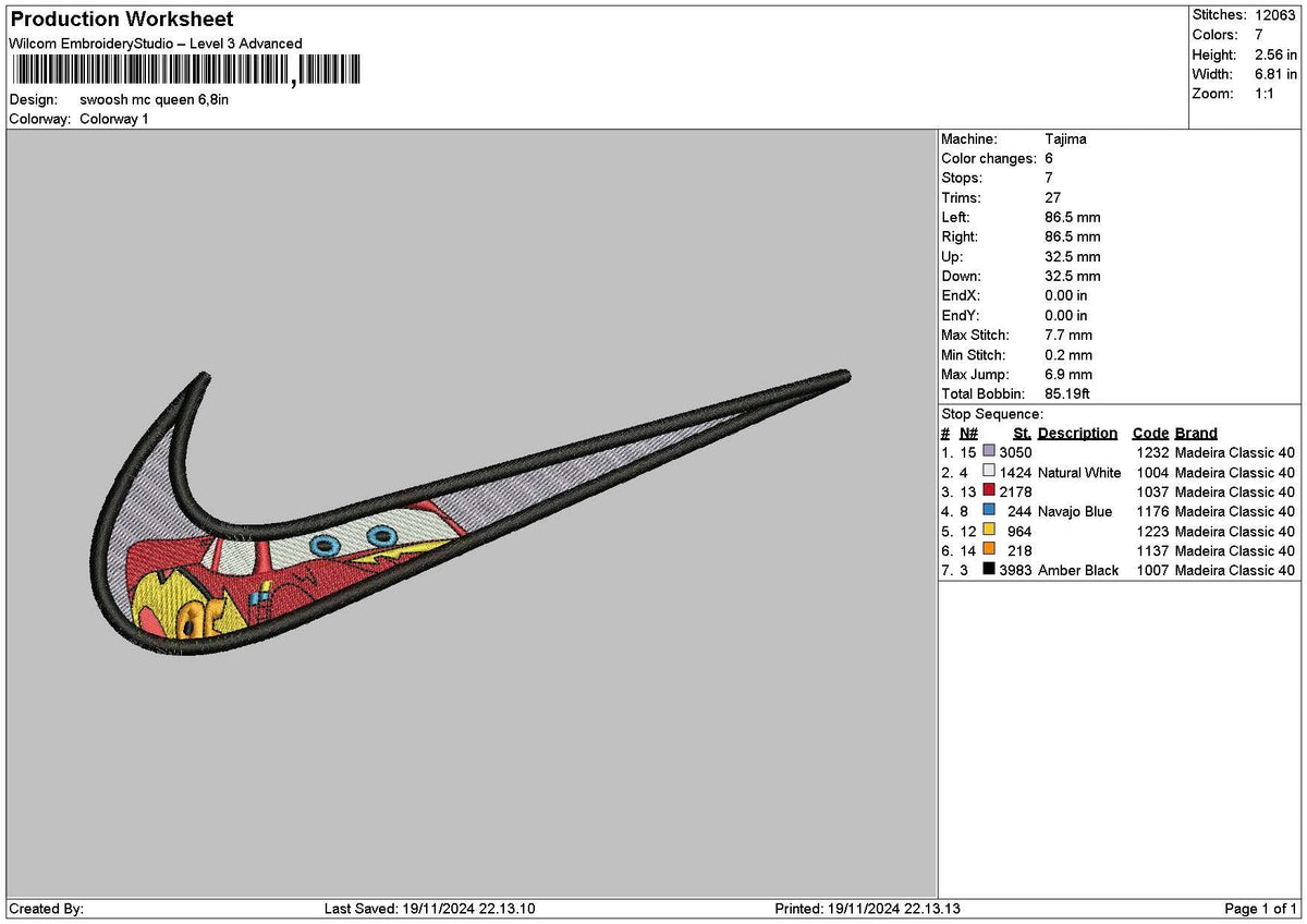 Swoosh Mcqueen 01 Embroidery File 6 sizes