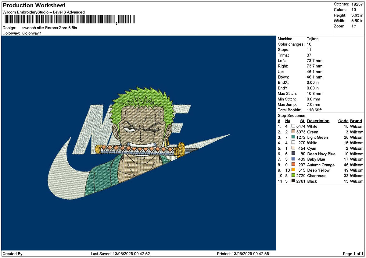 Swoosh Zoro Embroidery File 6 sizes