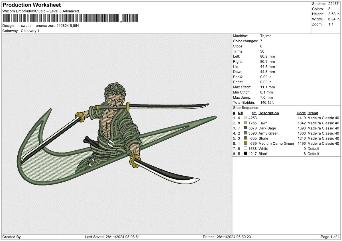 Swoosh Roronoa Zoro 112824 Embroidery File 6 size