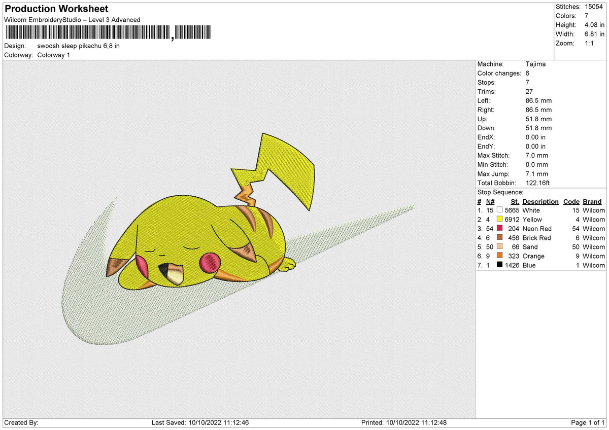 Swoosh Sleep Pikachu Embroidery
