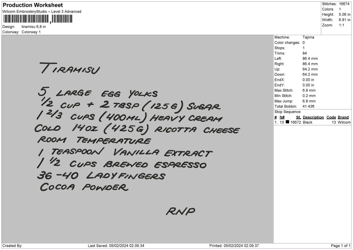 Tiramisu Text Embroidery File 6 sizes