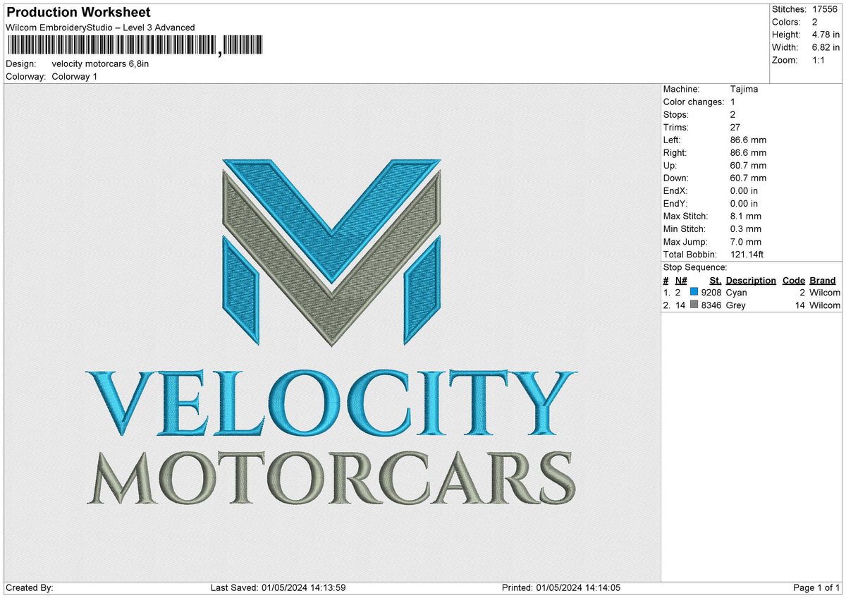 Velocity motorcars Embroidery File 6 size