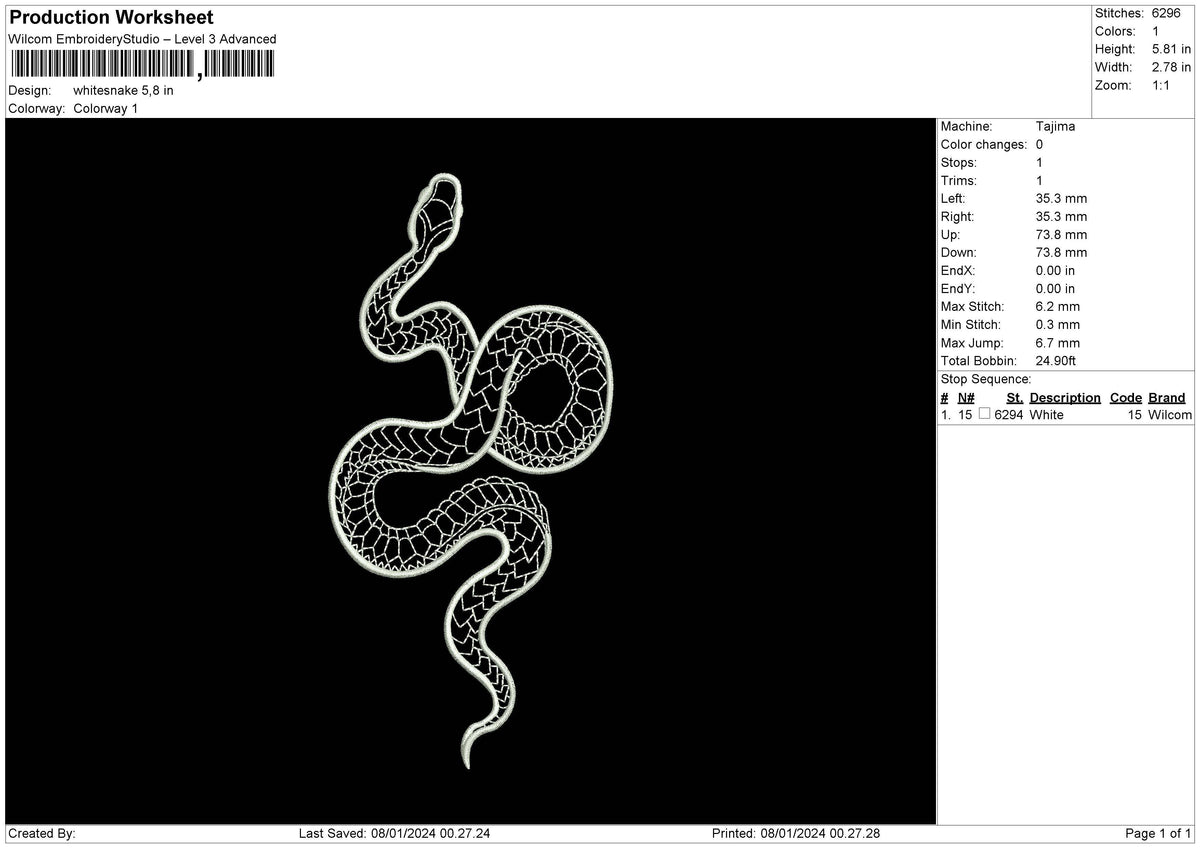 Whitesneak Embroidery File 6 sizes