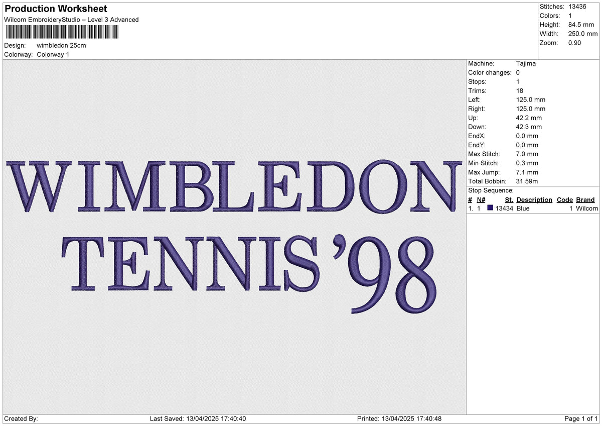 Wimbledon Embroidery File 6 size