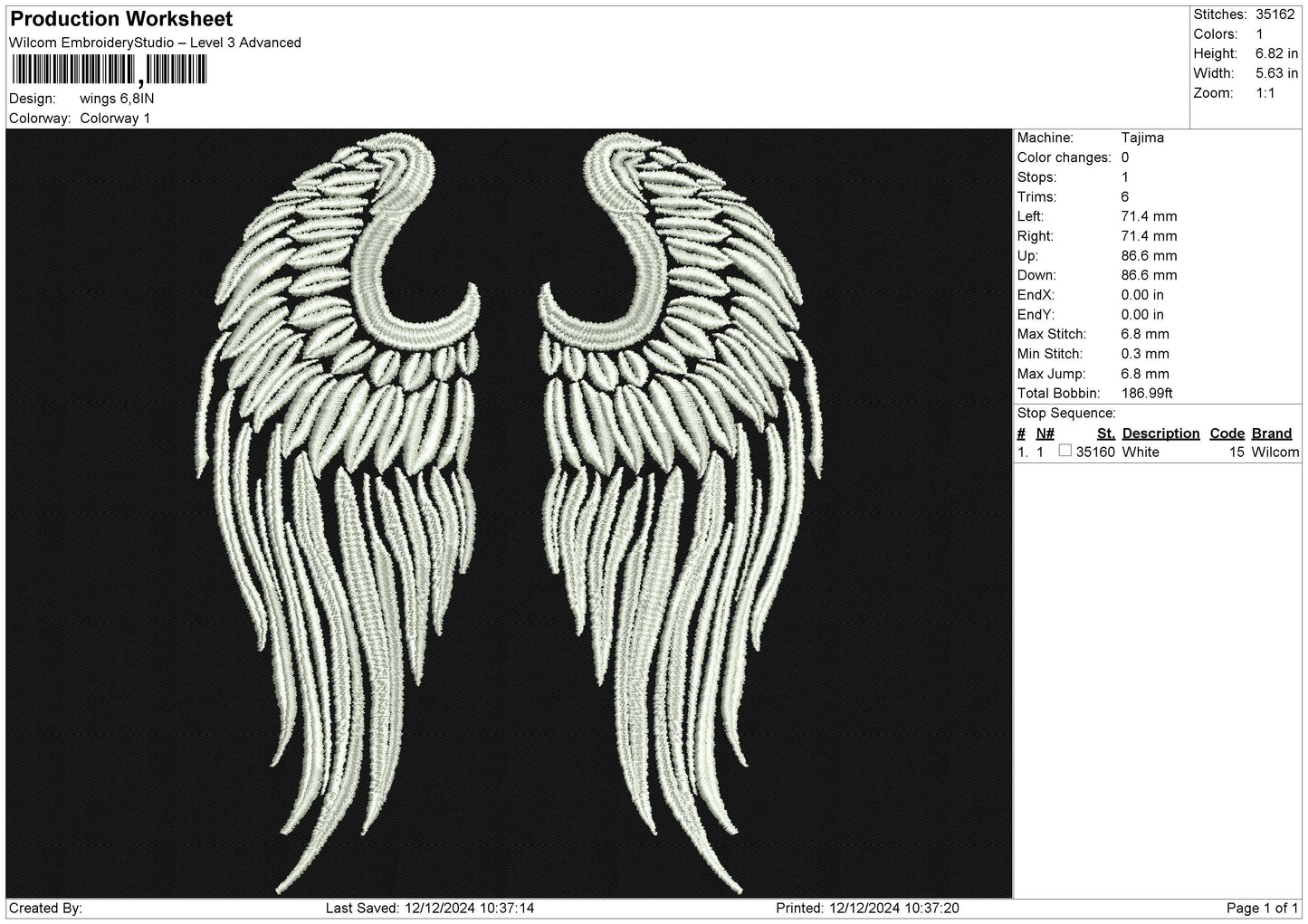 Wings Embroidery File 6 sizes