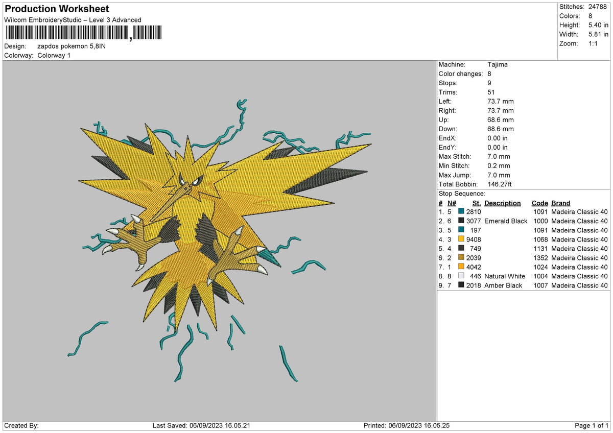 Zapdos Pokemon Embroidery File 6 sizes