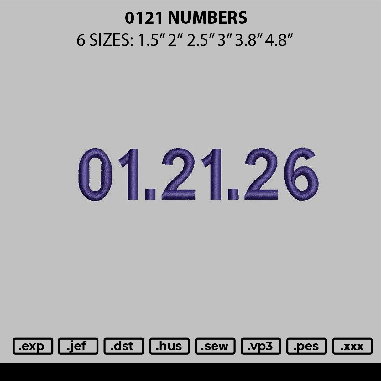 0121 Numbers Embroidery File 6 sizes