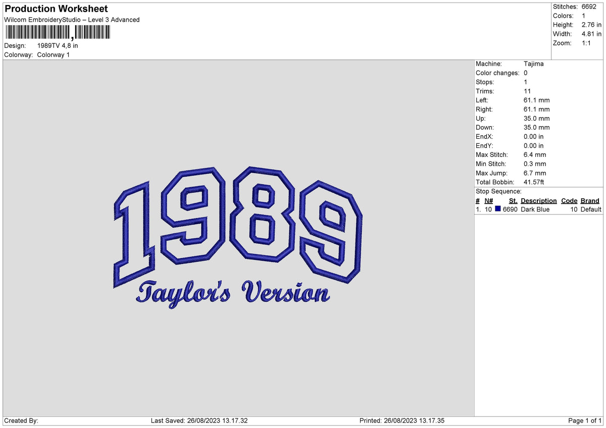 1989Tv Embroidery File 6 sizes