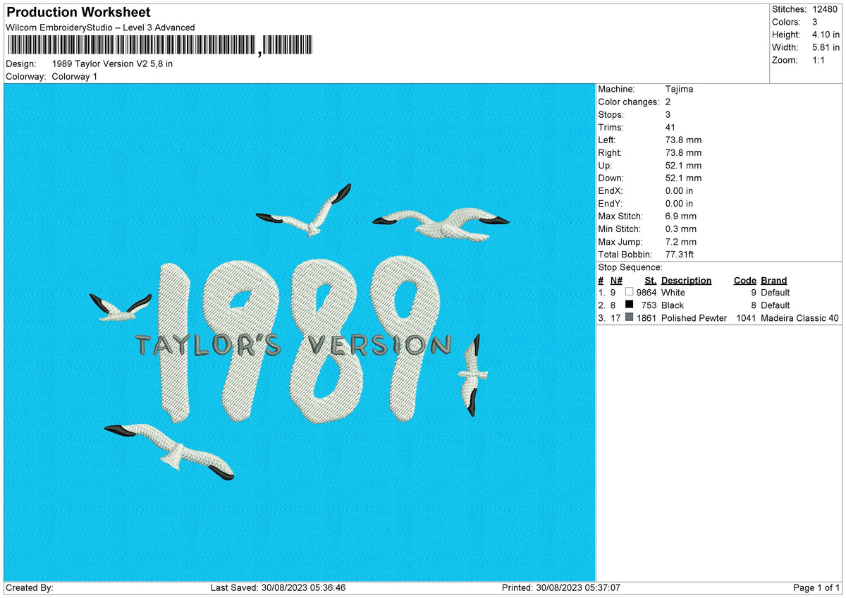 1989 Taylor Version V2 Embroidery File 6 size