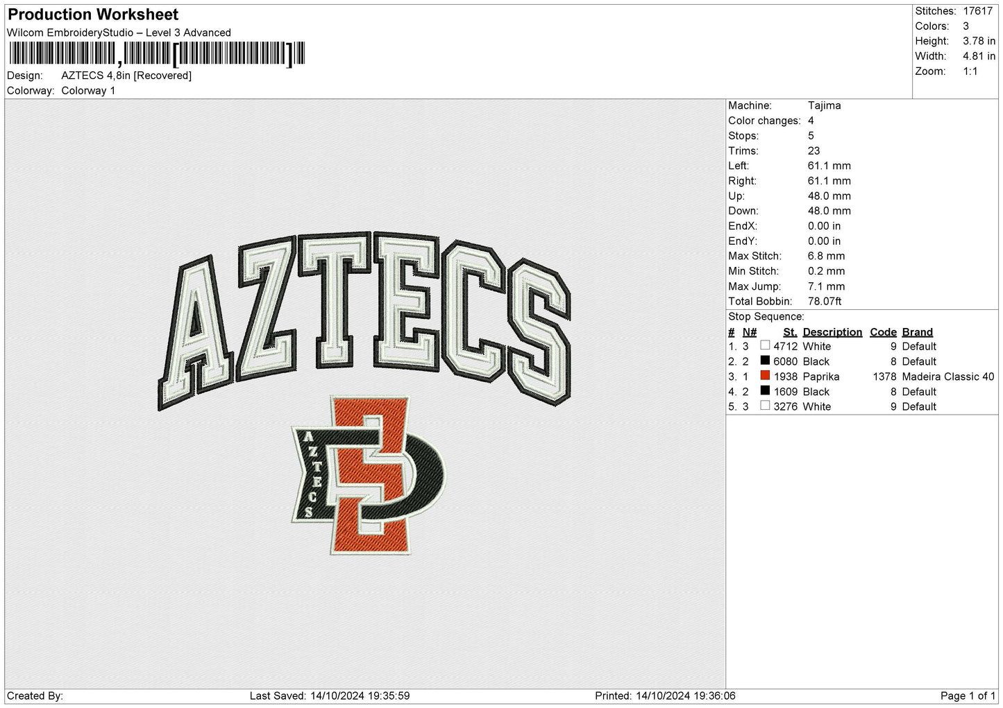 AZTECS Embroidery File 6 size