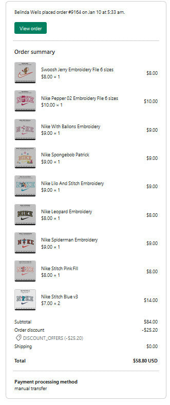 Belinda Wells    order #9164