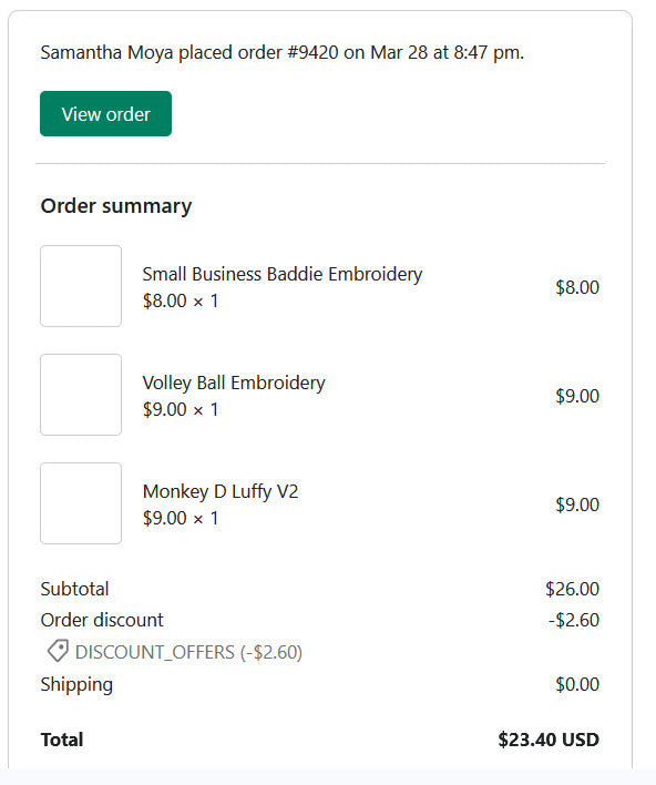 Samantha Moya order #9420