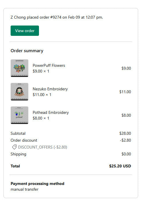 Z Chong placed  order #9274