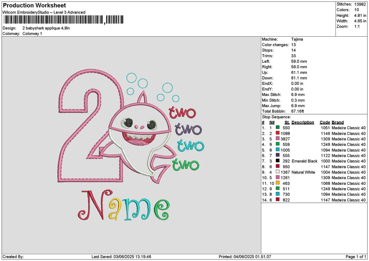 2 Babyshark App Embroidery File 6 sizes