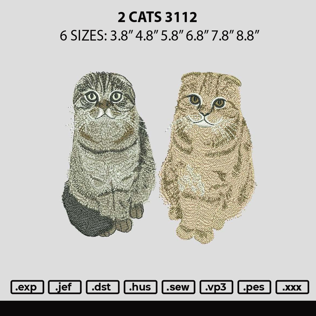 2 Cats 3112 Embroidery File 6 sizes