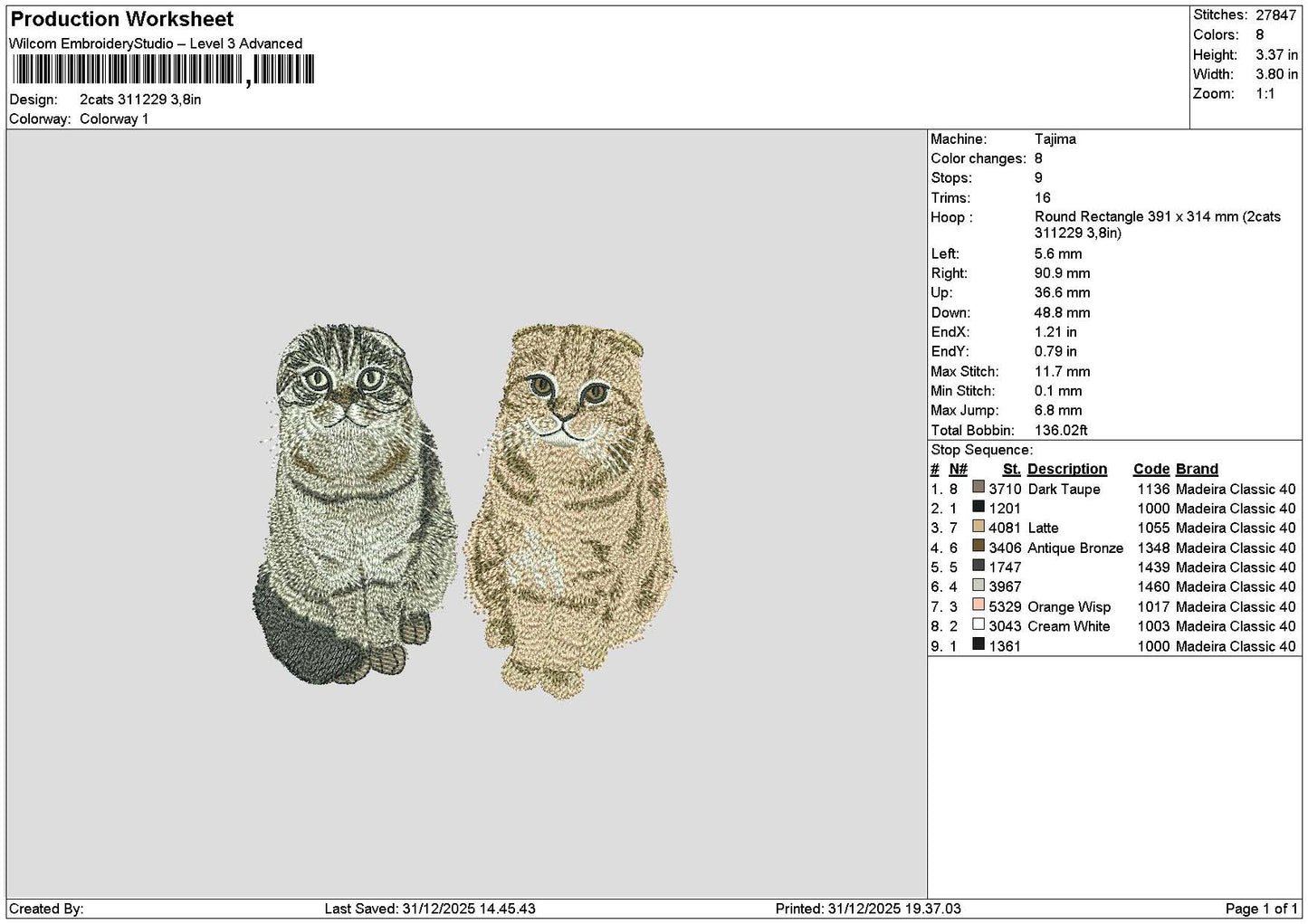 2 Cats 3112 Embroidery File 6 sizes