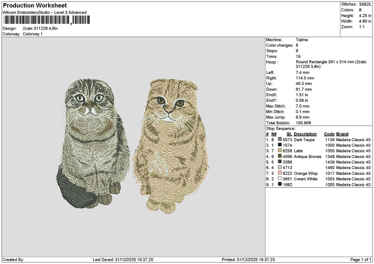 2 Cats 3112 Embroidery File 6 sizes
