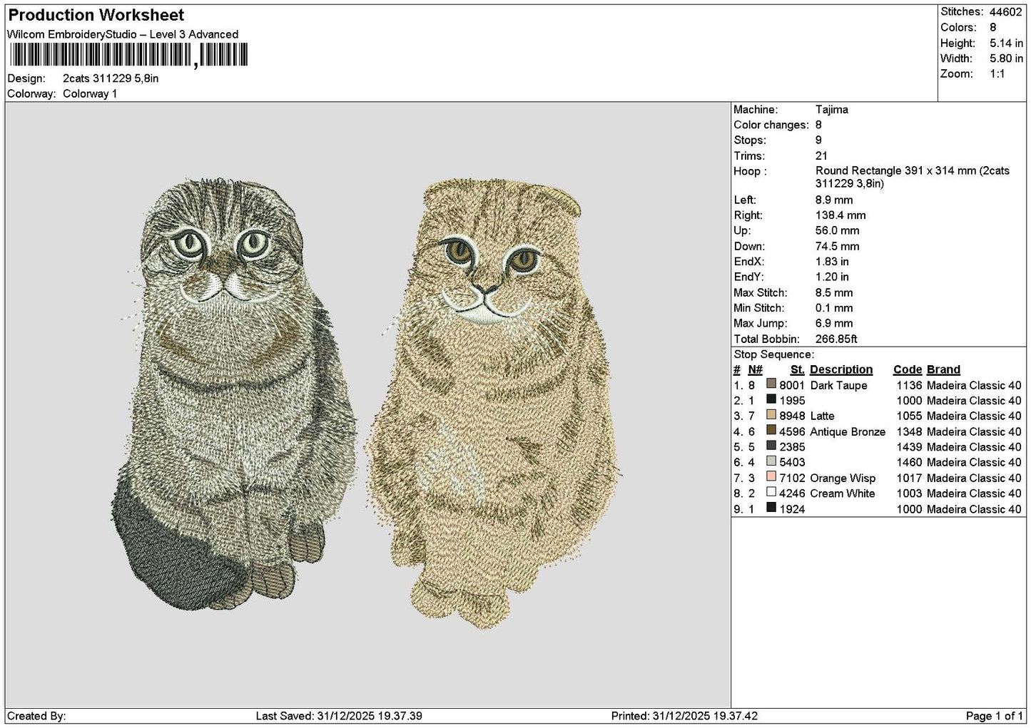 2 Cats 3112 Embroidery File 6 sizes