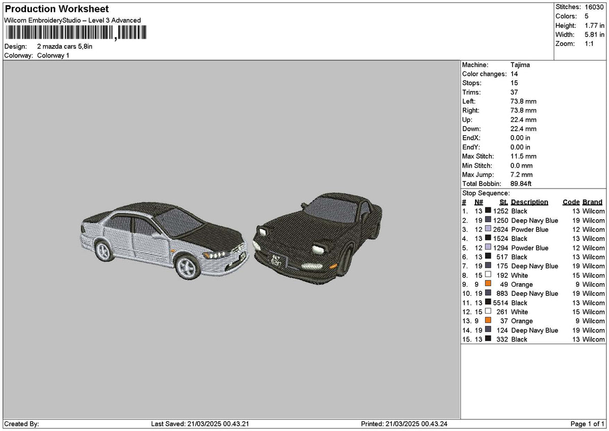 Two Cars 2103 Embroidery File 6 sizes