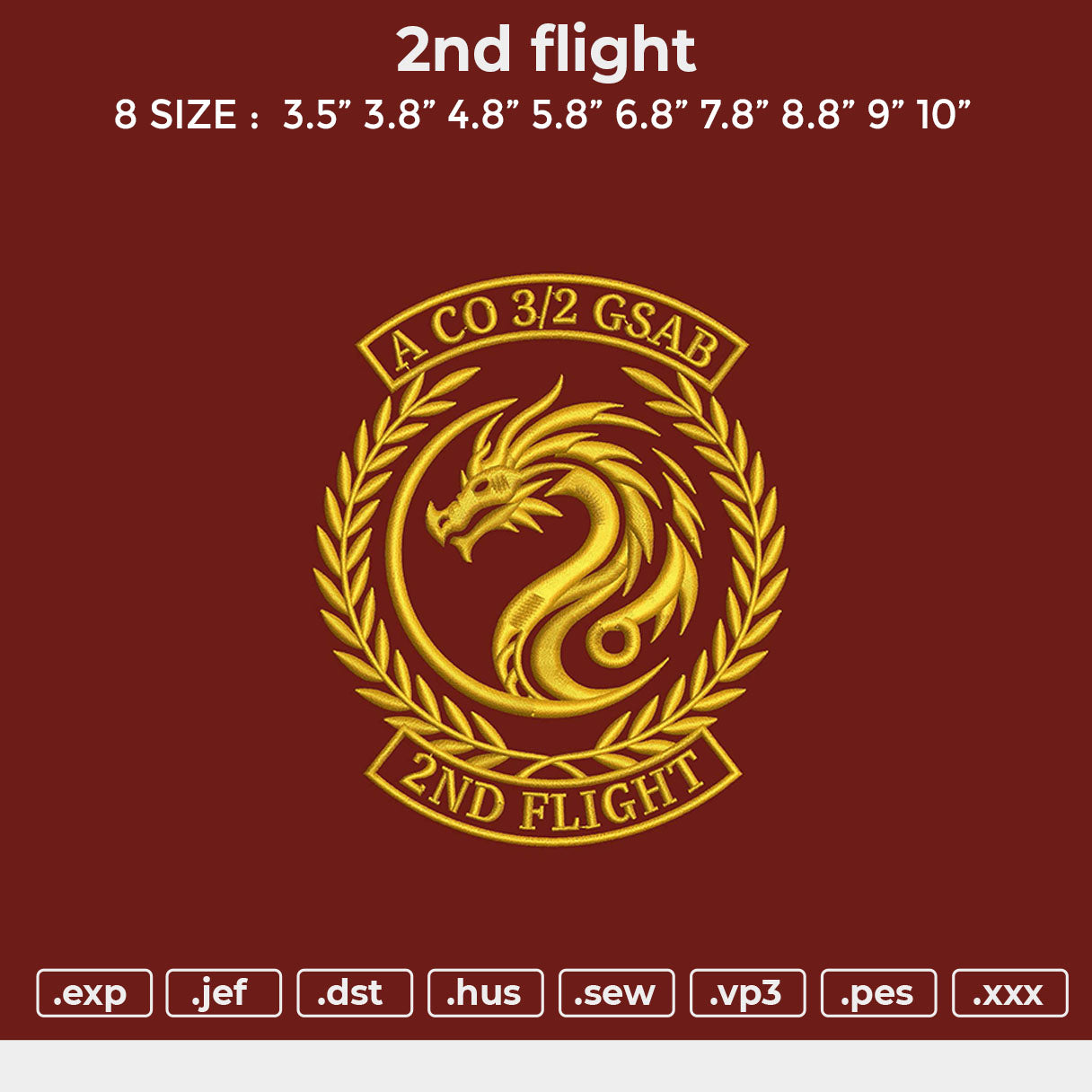 2nd flight Embroidery File 6 sizes