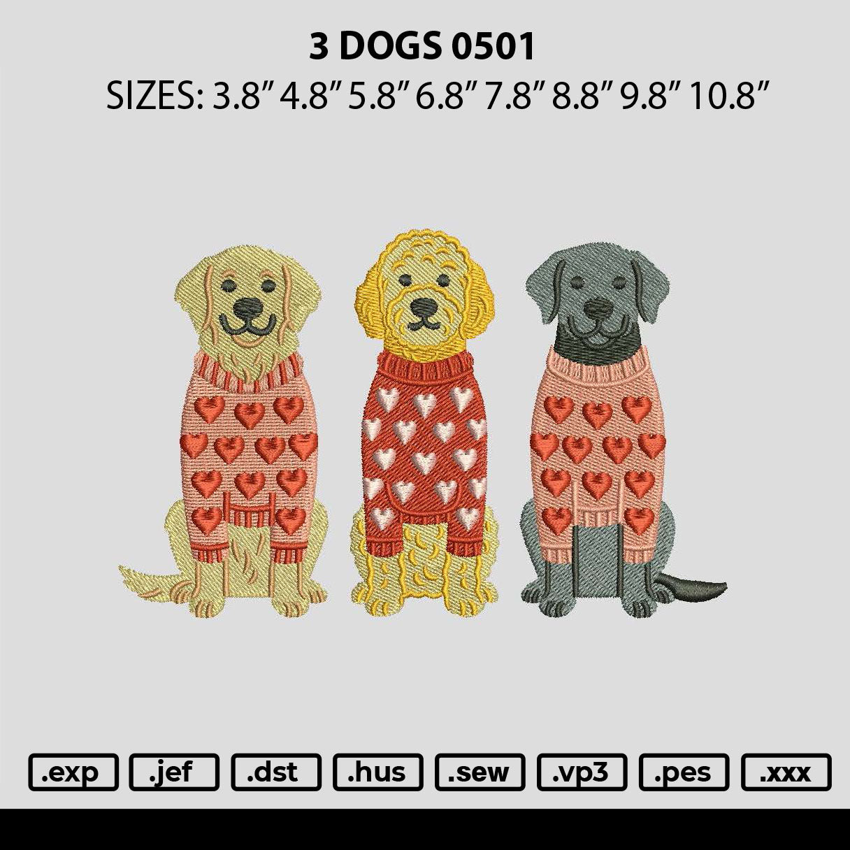 3 Dogs 0501 Embroidery File 6 sizes