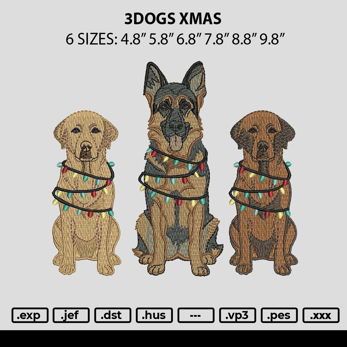 3dogs Xmas Embroidery File 6 sizes
