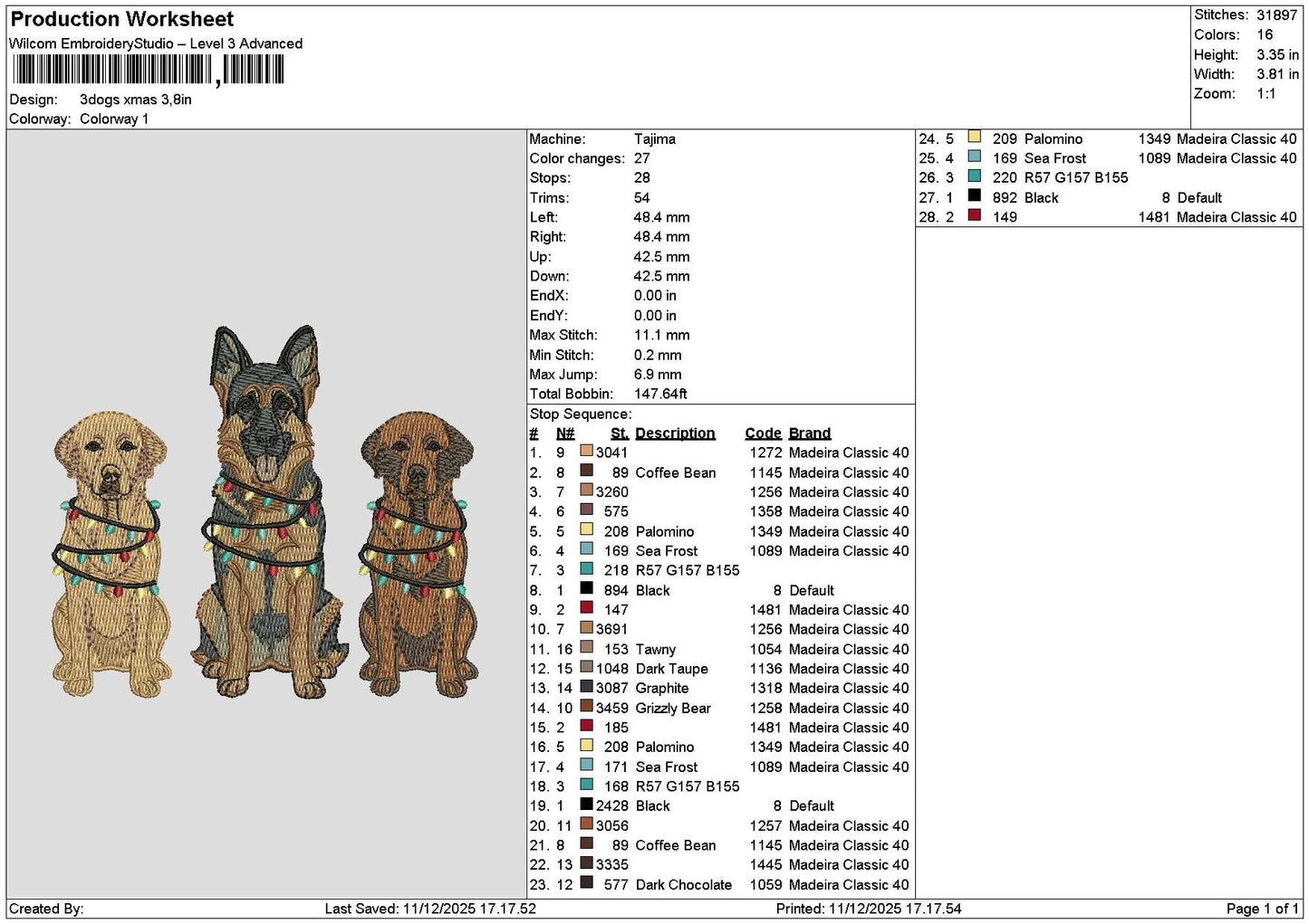 3dogs Xmas Embroidery File 6 sizes