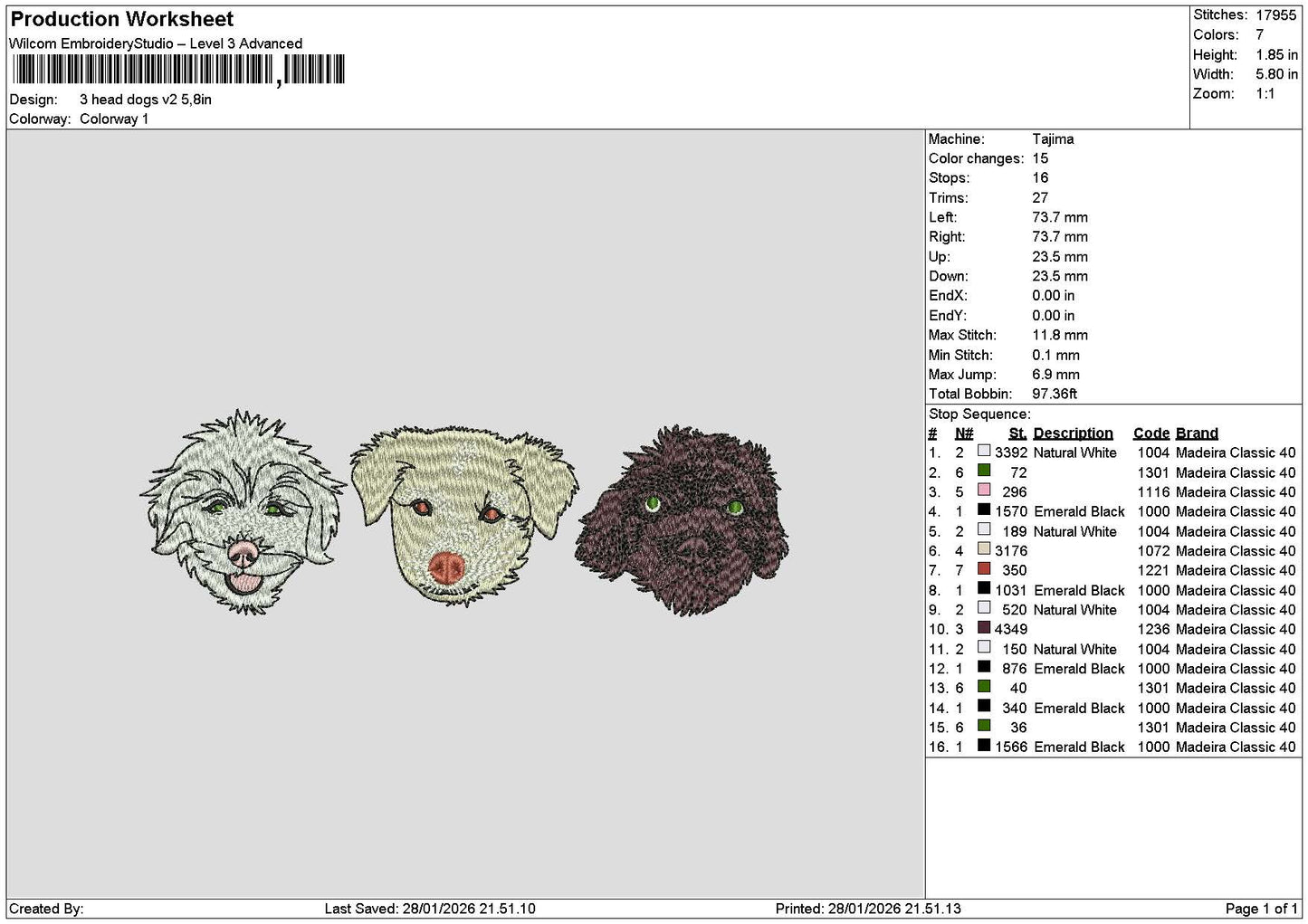 3 Dogs Heads Embroidery File 6 sizes