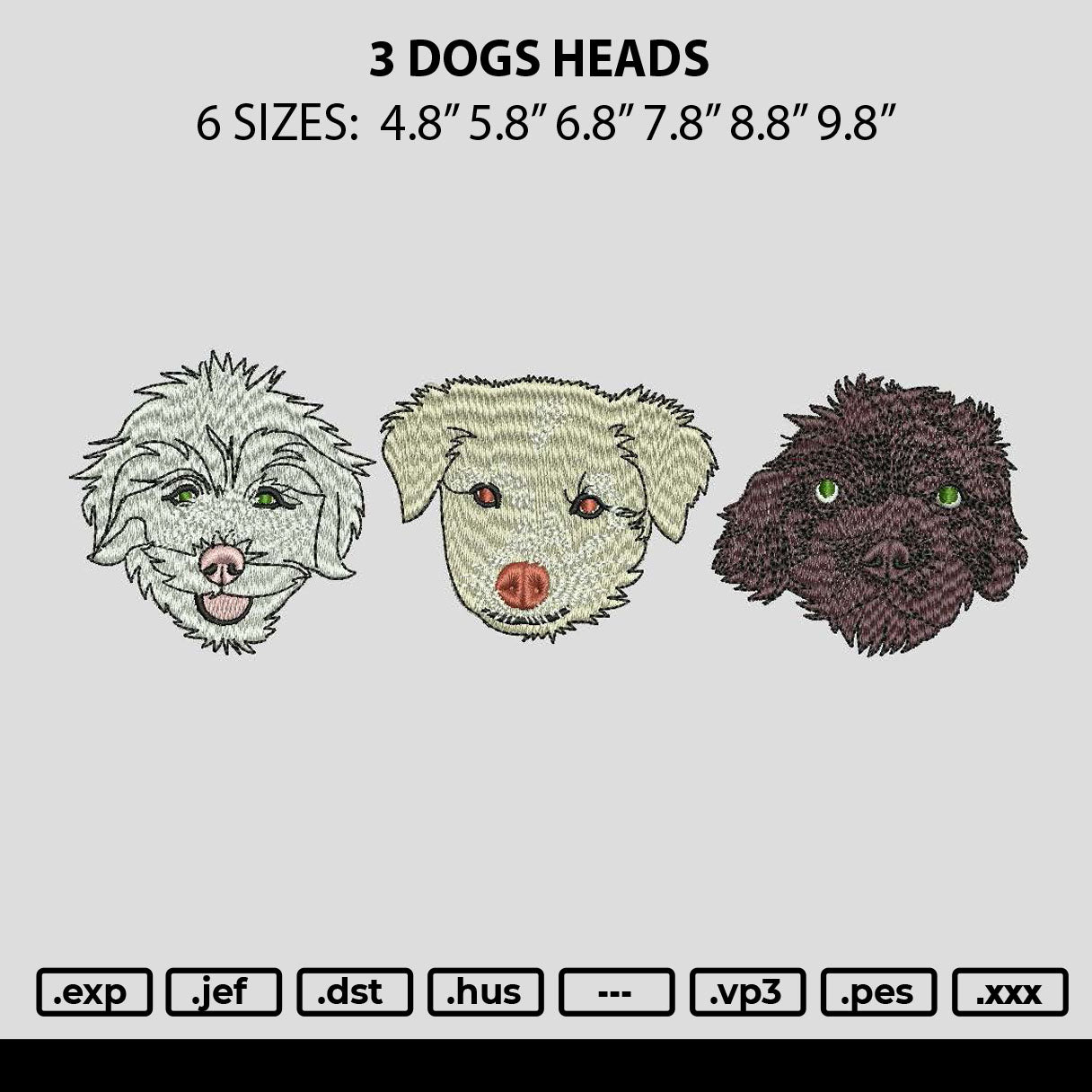 3 Dogs Heads Embroidery File 6 sizes