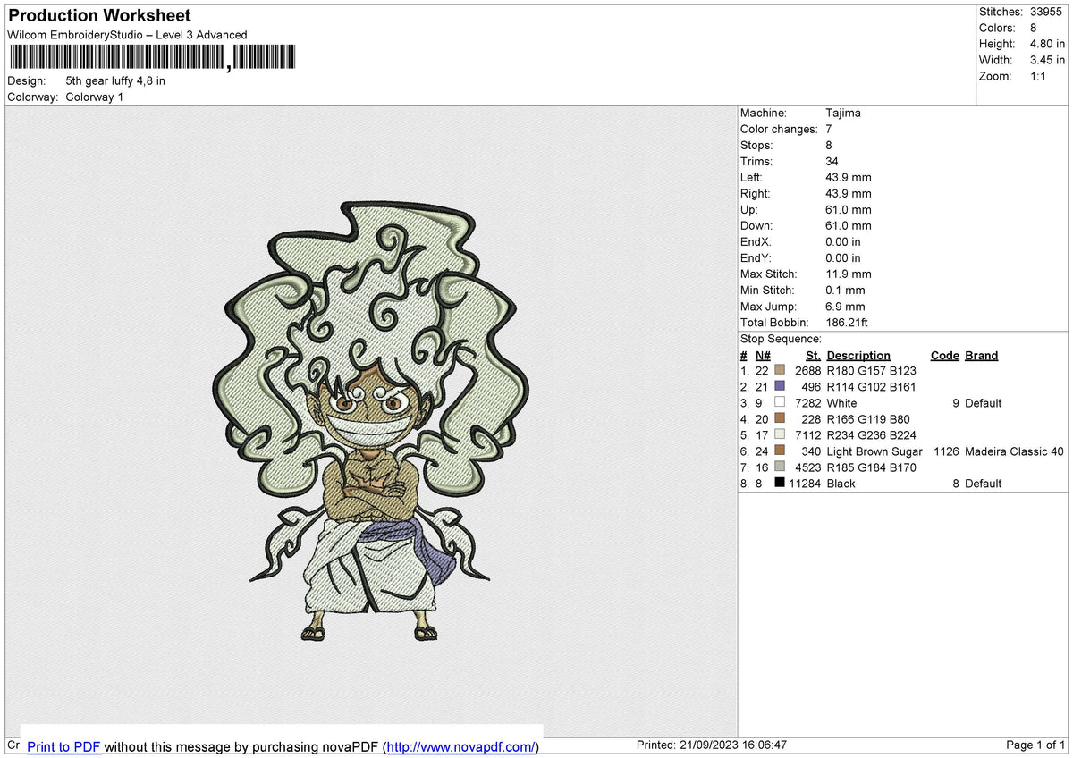5th Gear Luffy Embroidery File 6 size