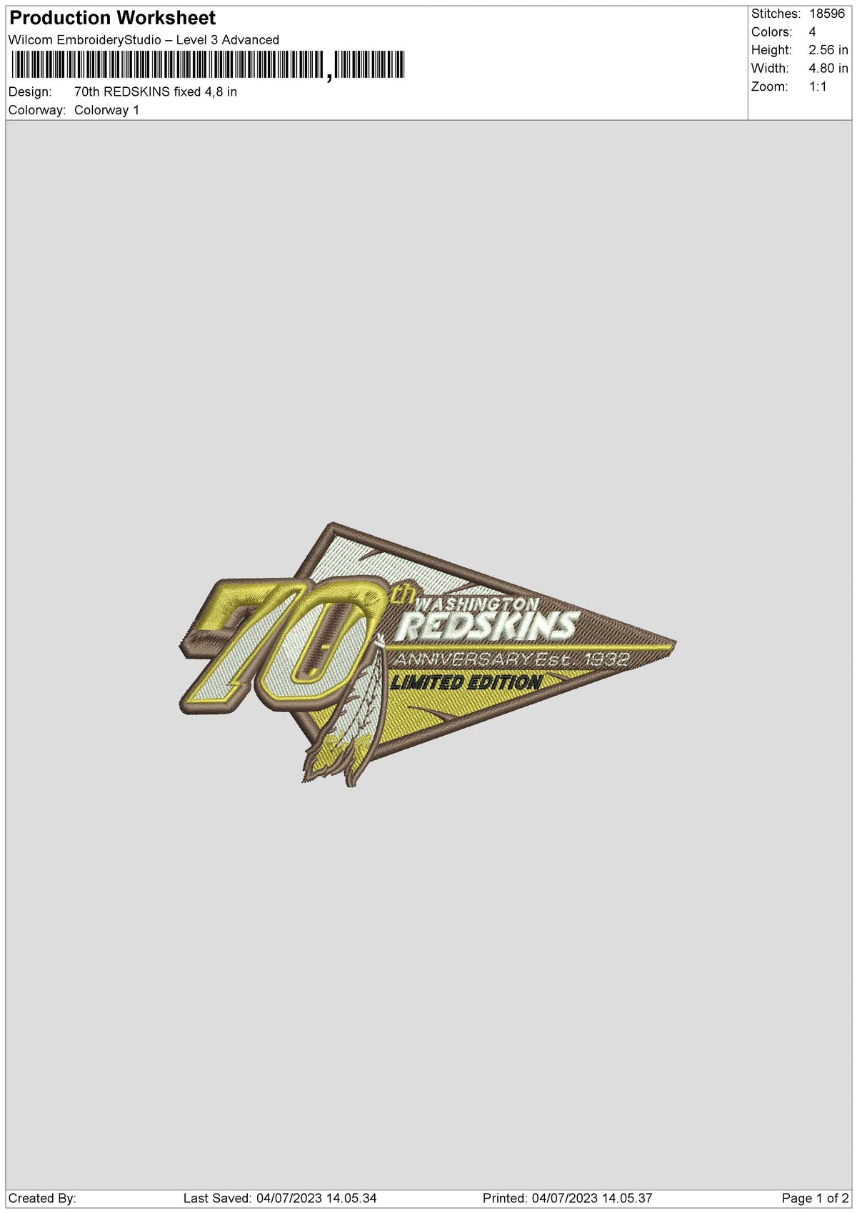 70th Redskins Embroidery File 6 sizes
